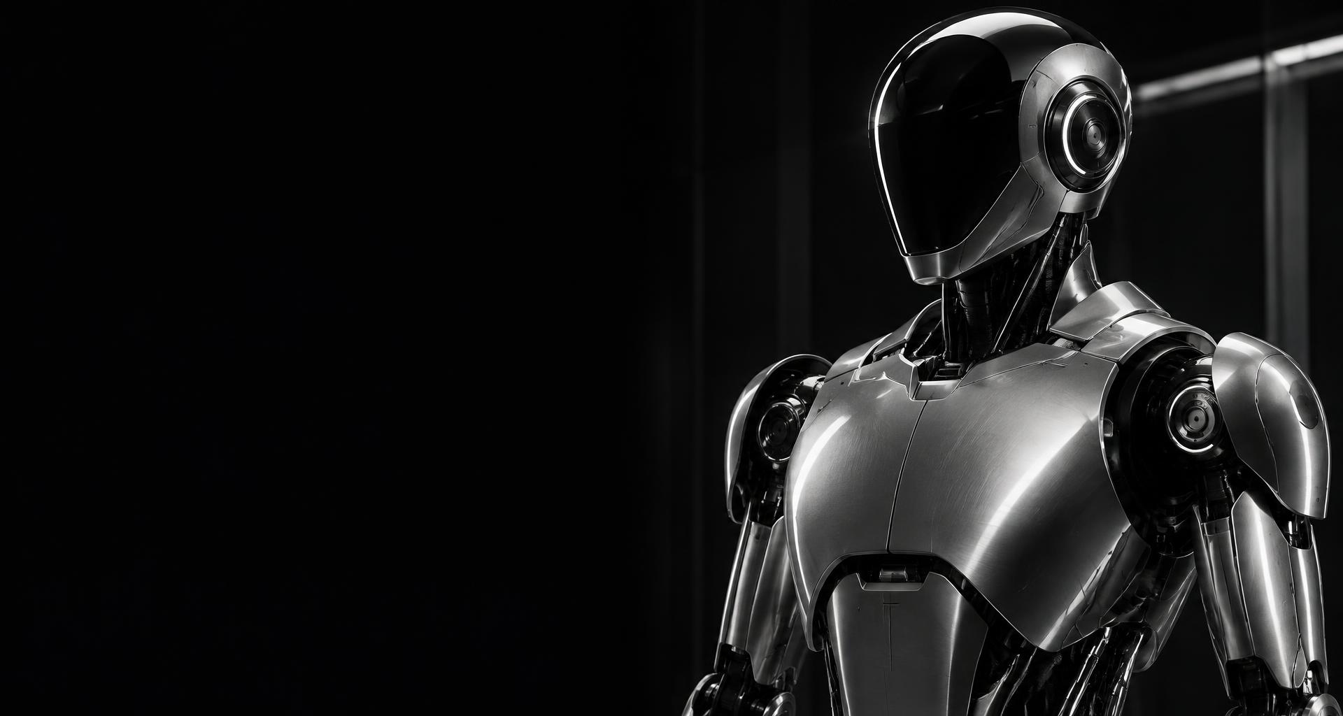 Sculptural silver humanoid robot against a black studio background